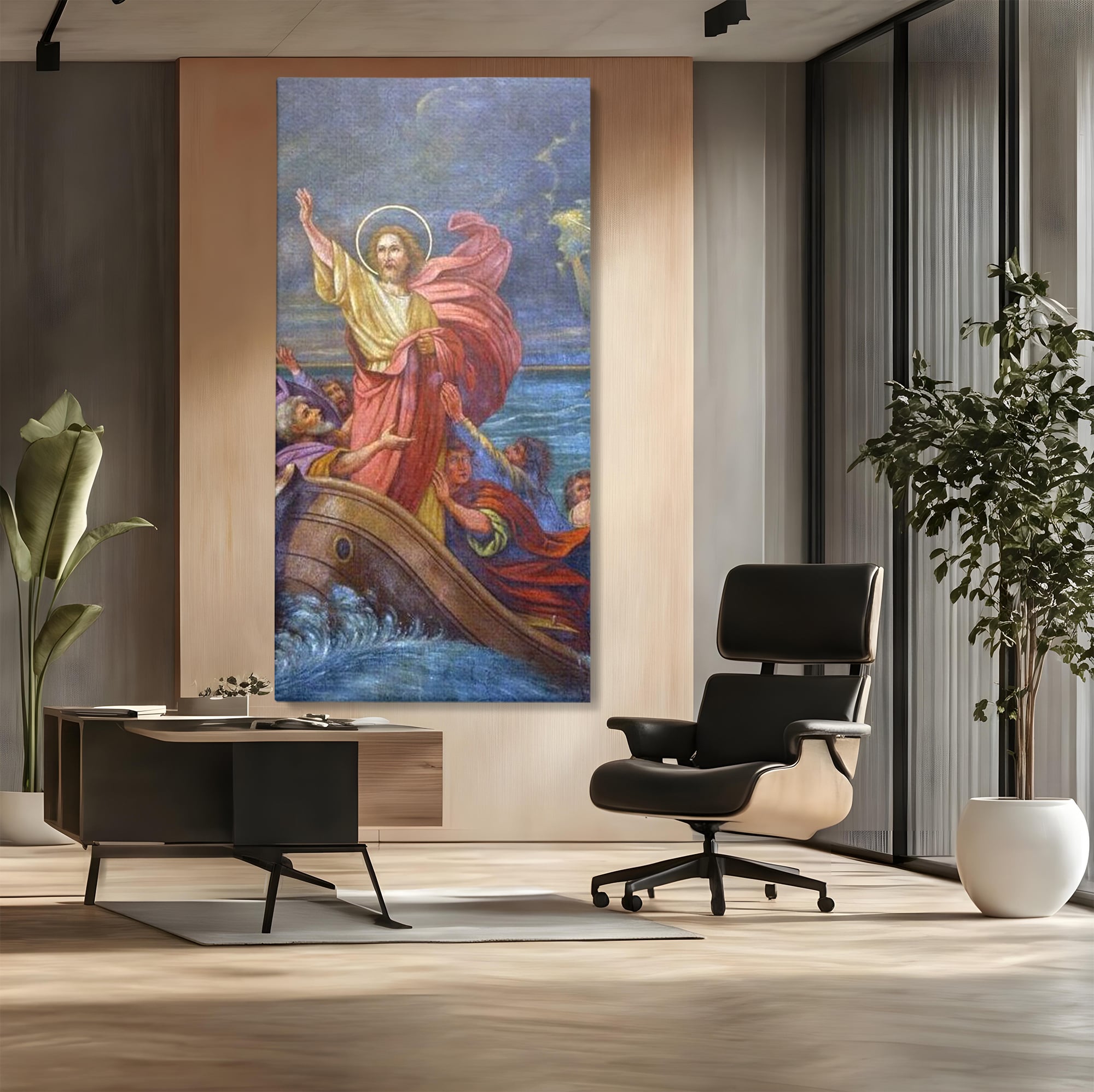 Tablou canvas cu tablou canvas cu iisus calcand pe ape, fara rama, pe sasiu de lemn, pe perete intr-un birou